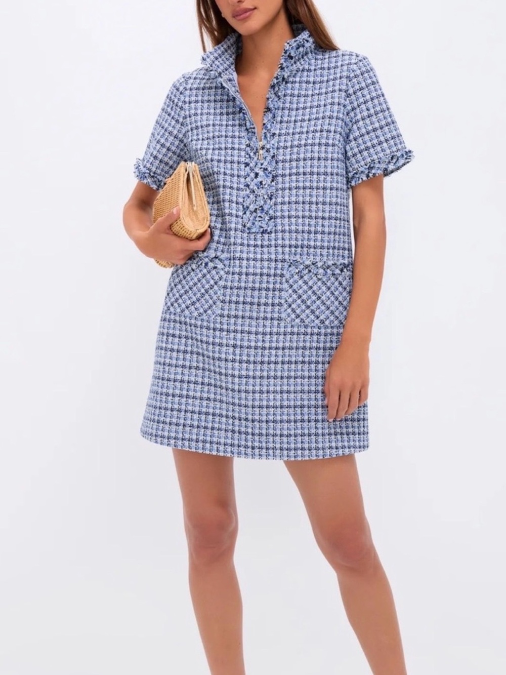 Tuckernuck Blue Houndstooth Short-Sleeve Tweed Shift Dress